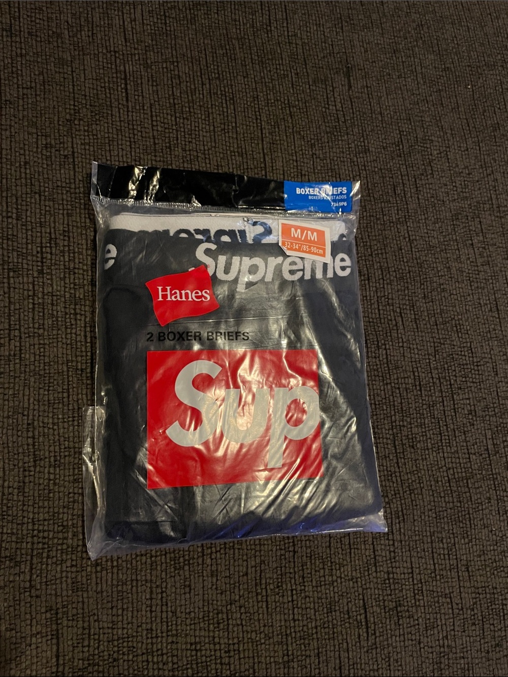Hanes Navy Boxer Briefs with Red/White Supreme Print size medium